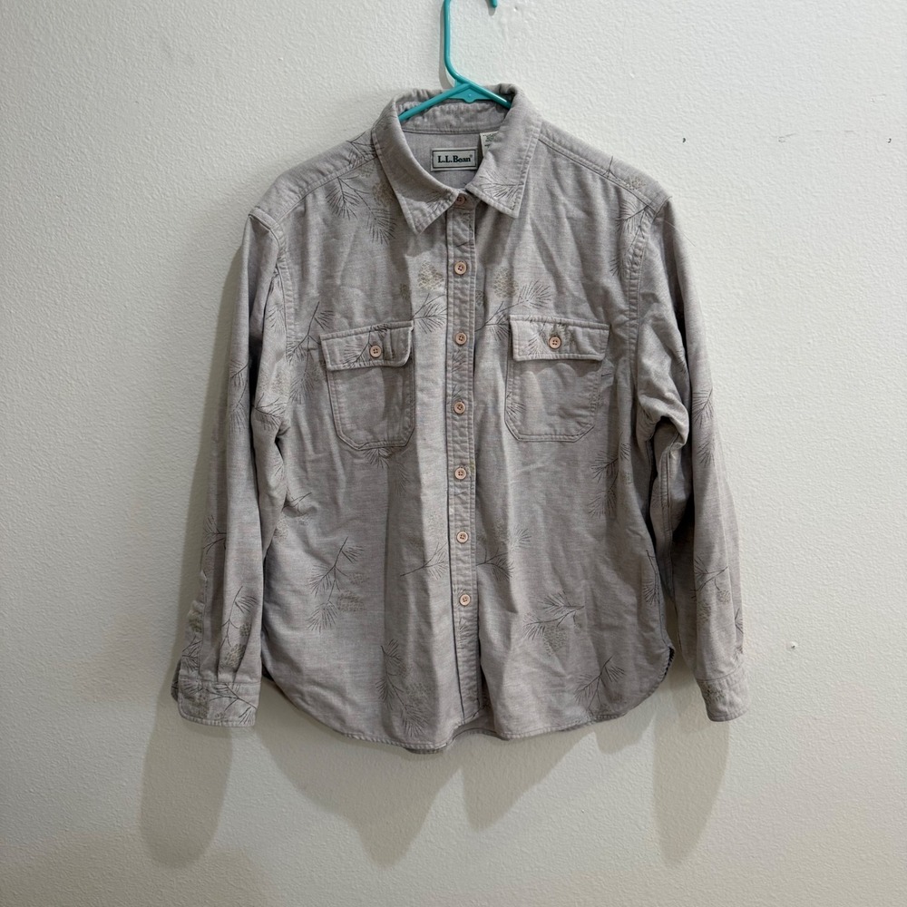 LL Bean Womens Grey Pine Cone Print Cotton Flannel Button Down Shirt OM085 L